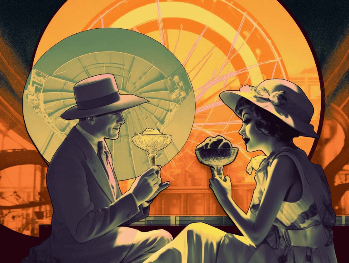 An art deco futurist illustration of a man and woman enjoying gelato, representing the future of the dessert.