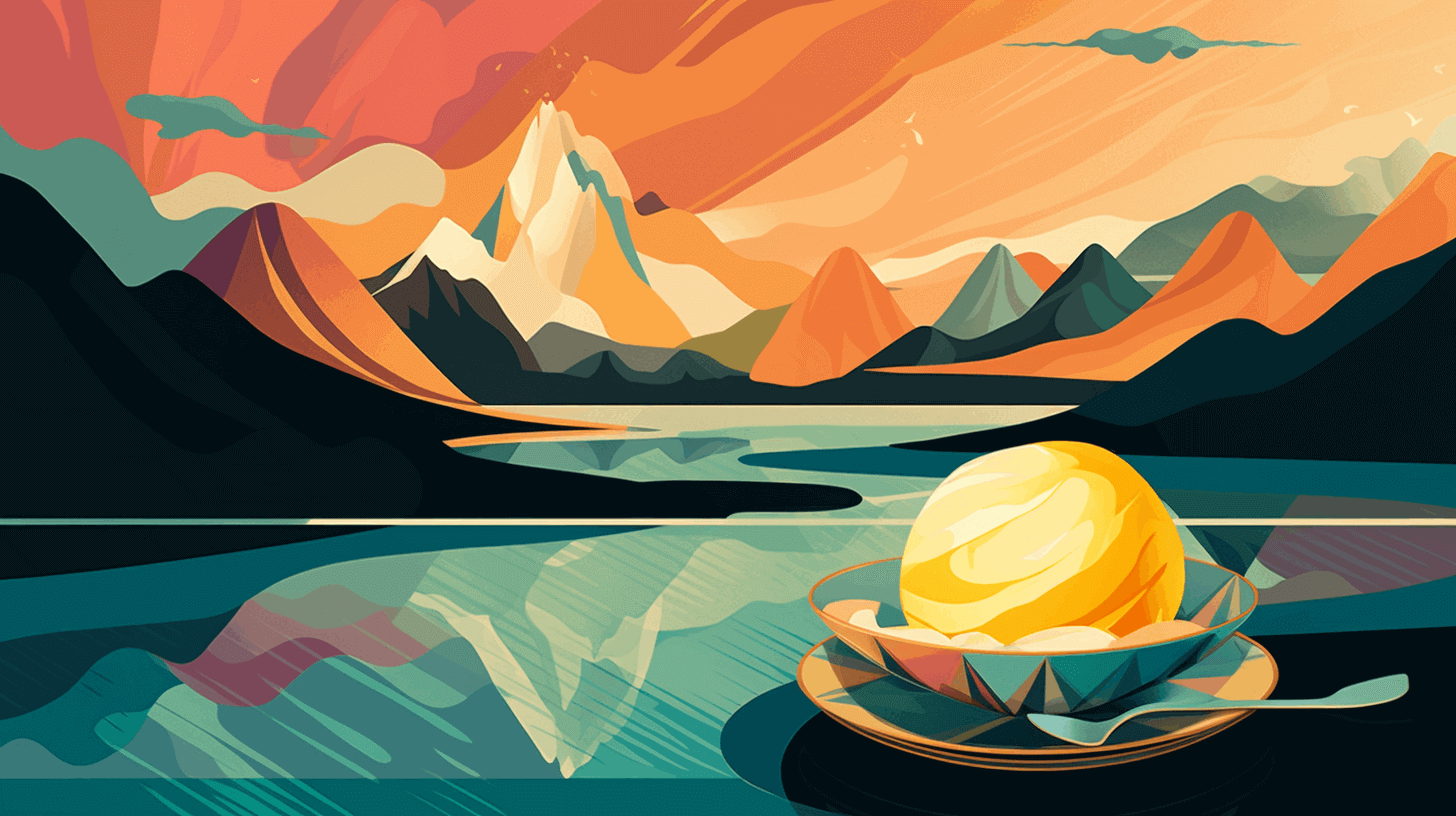 An illustration of all-natural artisan ice cream from Gina's Gelato, Nelson BC, with a scoop of gelato set against a pure mountain background.