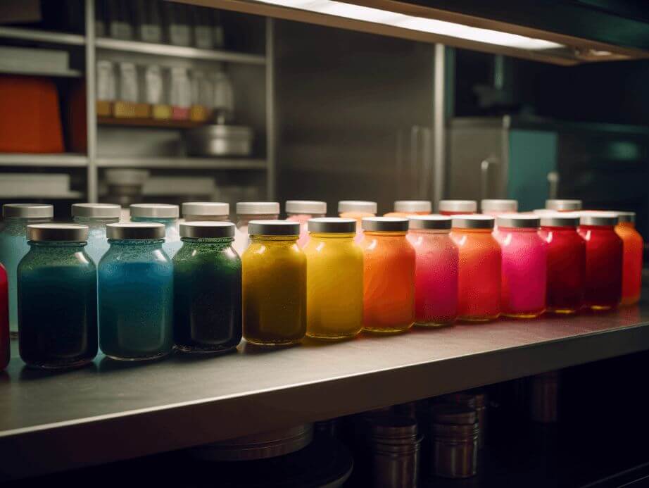 Jars of artificial colouring gels in a commercial bakery kitchen demonstrating an artificial method to color ice cream.
