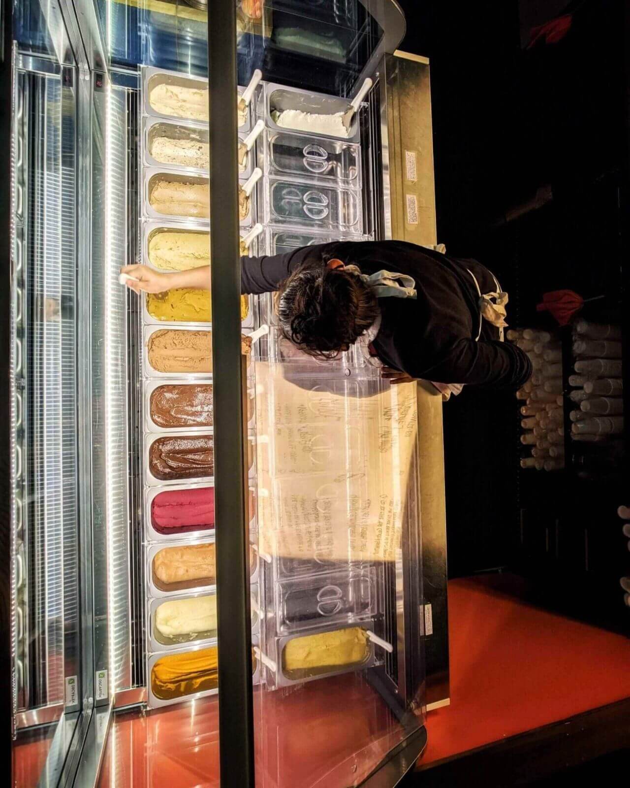 Traditional, authentic, handmade gelato with natural ingredients shown in a case at Gina's Gelato in Nelson, BC